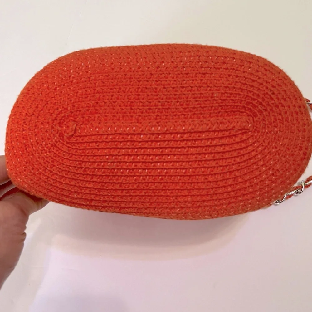 Kim Rogers Orange Woven Paper Straw Shoulder Bag Crossbody Silver Chain Straps
